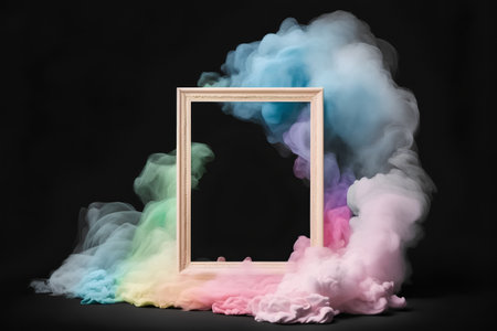 Wooden frame with colorful smoke on black background. 3d renderingの素材