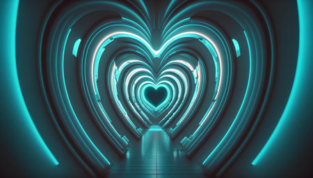 3d rendering. Futuristic hallway with glowing lights in the shape of a heartの素材