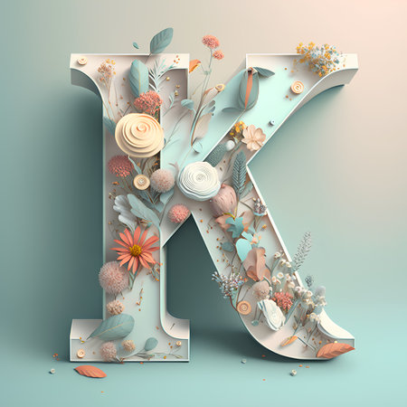 3d render letter K in floral style. 3d illustration.の素材