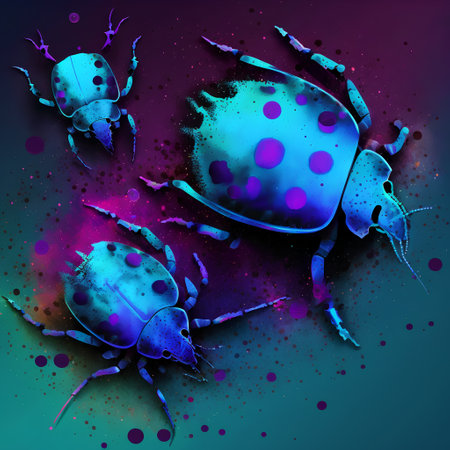 Blue ladybug with watercolor splashes on a dark background.の素材