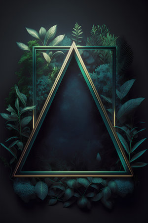 Dark background with green tropical plants and gold frame. 3d renderingの素材
