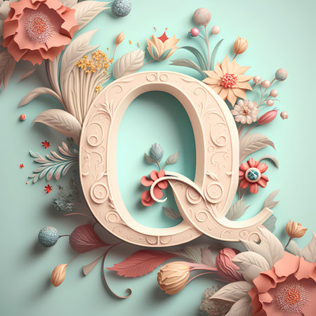 Alphabet letter Q with floral decoration. 3D render illustration.の素材