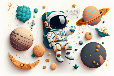 Astronaut in space with planets and stars. Vector illustration.の素材