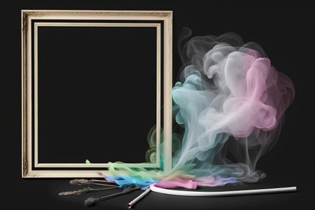 Picture frame and smoke on a black background. 3d illustration.の素材