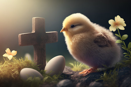 Easter background with Easter eggs and chicken. 3d render.の素材