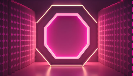 Abstract geometric background with hexagons and neon lights. 3D Renderingの素材
