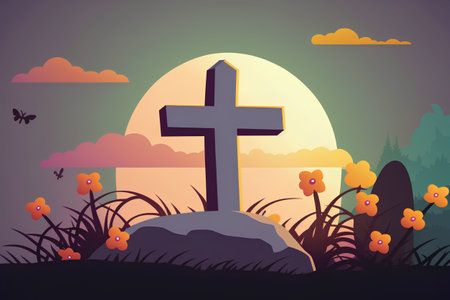 Cemetery with cross and flowers. Easter background. Vector illustration.の素材