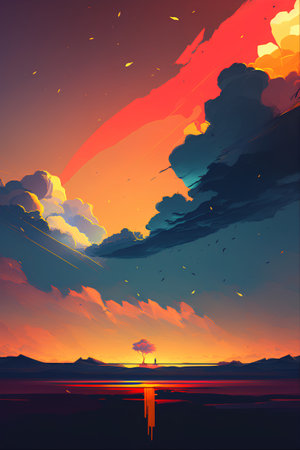 Sunset over the sea. Vector illustration in a flat style.の素材