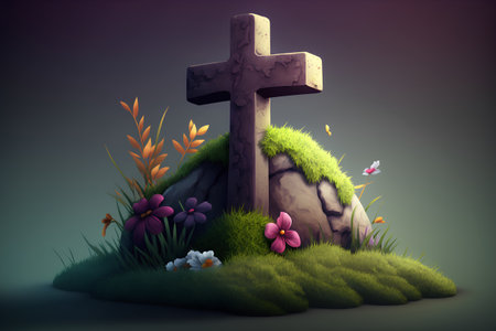 Cross with grass and flowers on dark background. 3D rendering.の素材