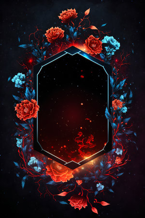 Hexagonal frame with red roses on dark background. Vector illustration.の素材