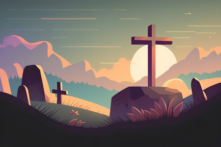 Cross in the cemetery at sunset. Vector illustration in flat style.の素材