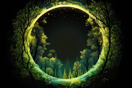 Illustration of a green forest with a full moon in the backgroundの素材