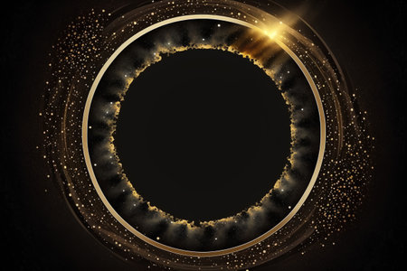 Abstract black background with golden frame and glittering particles. Vector illustration.の素材