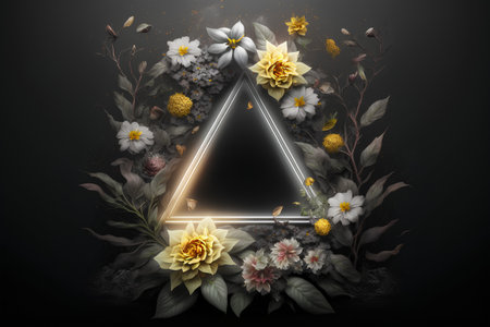 Black background with golden triangle frame and flowers. 3D illustration.の素材