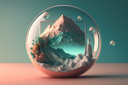 Mountain landscape in a glass sphere. 3D illustration. 3D render.の素材