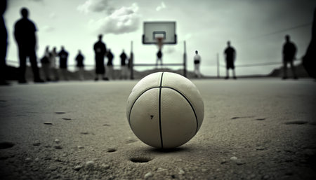 basketball ball on the court with people silhouettes in the background.の素材
