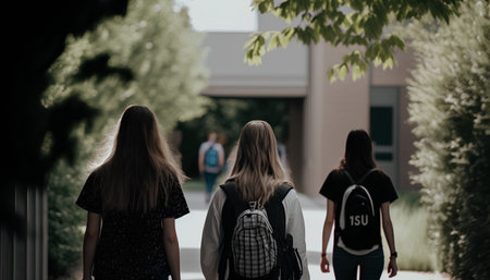 Back view of a group of students with backpacks going to schoolの素材