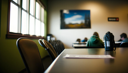 Backpack on a table in a conference room. Selective focus.の素材