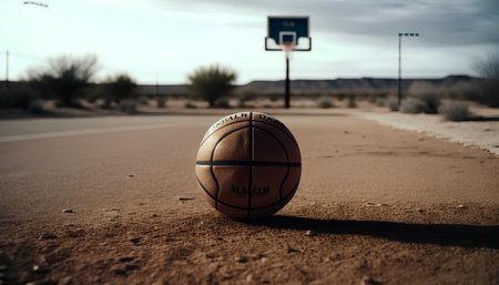 Basketball ball on a road in the middle of the desert.の素材