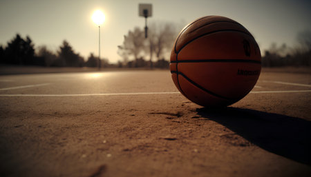 Basketball ball on the court at sunset. Selective focus.の素材