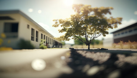 Tree on the road with school building in the background. Selective focus.の素材