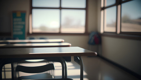 Empty table and chairs in a school classroom. Selective focus.の素材