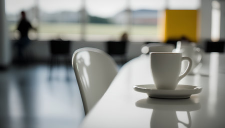 Coffee cup on a table in a cafe with blurred backgroundの素材