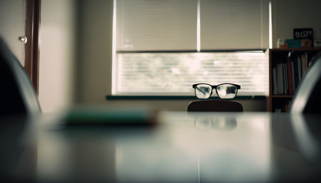 Close up of glasses on a table in a modern office. Selective focus.の素材