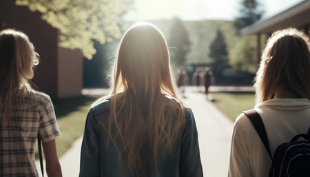 Back view of two young women walking in the park, back viewの素材