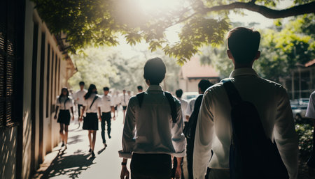 Back view of a group of school students walking in the campus.の素材