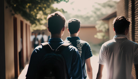 Rear view of a group of students with backpacks standing in a corridorの素材