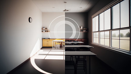 Interior of modern dining room with gray walls, concrete floor, white and wooden table with yellow chairs and round mirror above it. 3d renderingの素材