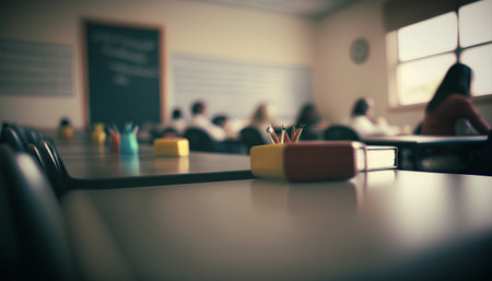 Close up of pencils on the table in the classroom. Selective focus.の素材
