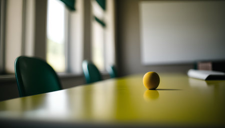 Yellow egg on a table in an empty classroom. Selective focus.の素材