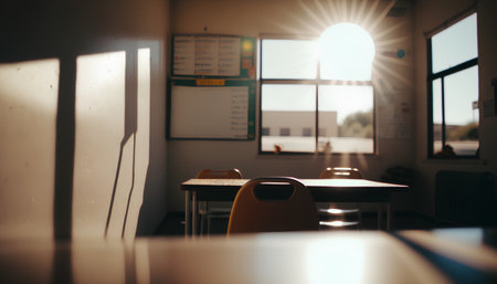 Empty school classroom with tables and chairs. Backlight from window.の素材