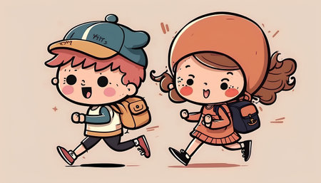 cute boy and girl running with backpacks vector illustration design.の素材