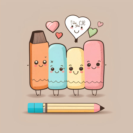 Cute cartoon crayons with hearts and hearts. Vector illustration.の素材