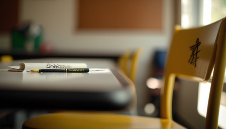 Close up shot of a school desk with a pencil and a brushの素材