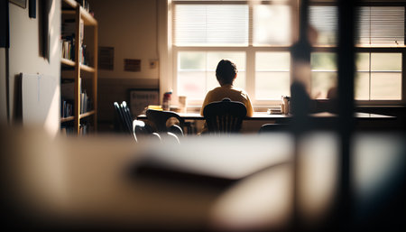Back view of a female student sitting at a desk in a libraryの素材