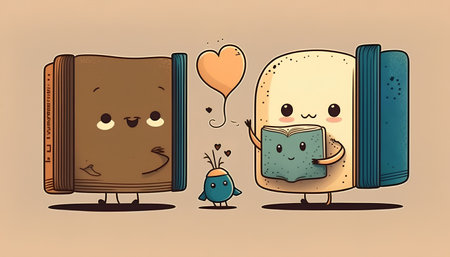 Books with love and heart. Cute cartoon character. Vector illustration.の素材