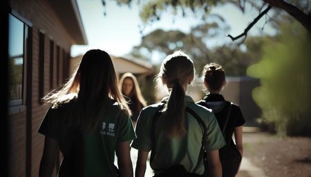 Group of schoolgirls standing in a row, back view. Back view.の素材