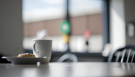Coffee cup and cookie on table in coffee shop, stock photoの素材