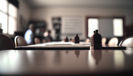 Wooden chess pieces on the table in a meeting room. Selective focus.の素材