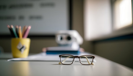 Eyeglasses on a desk with a skull in the background.の素材