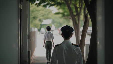 Back view of two police officers in uniform walking in the street.の素材