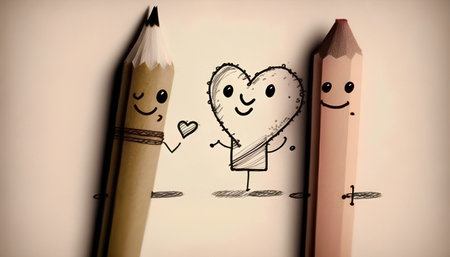 Drawing of a couple in love with a heart and a pencilの素材