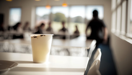 Coffee in a paper cup on the table with blurred people in the backgroundの素材