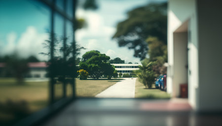 Blur image of school corridor with green trees and blue sky background.の素材
