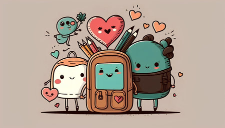 Cute school kids with backpacks and hearts. Vector illustration.の素材