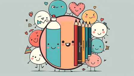 Cute pencils with happy faces. Vector illustration in cartoon styleの素材